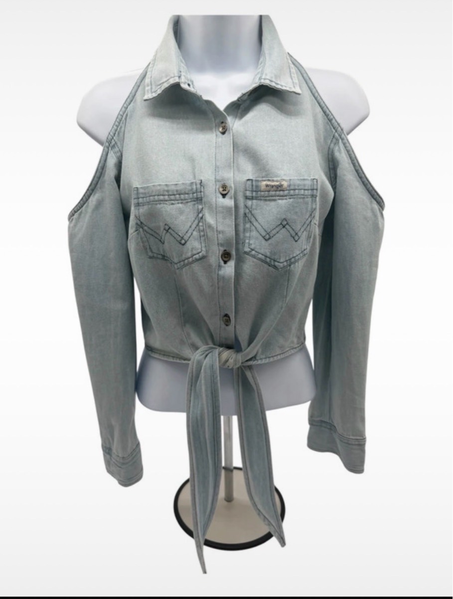Wrangler Denim Cold Shoulder Y2K Tie Front Shirt Top Size 6-8 Blue Western crop Cotton