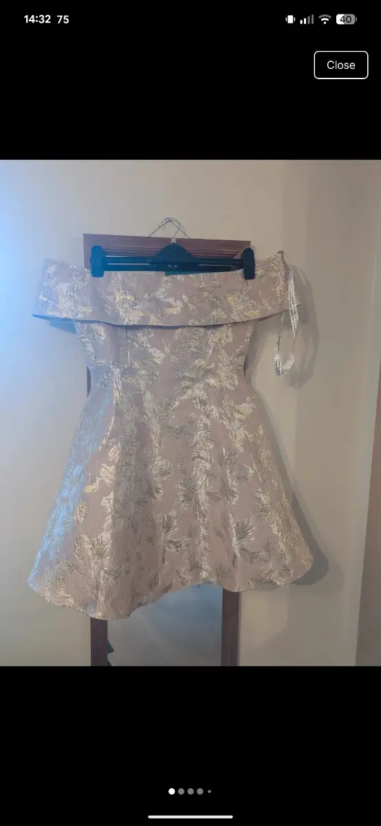 Dorothy Perkins Luxe Bardot neckline/ strapless mini dress UK10 pink/ peach/ gold jacquard