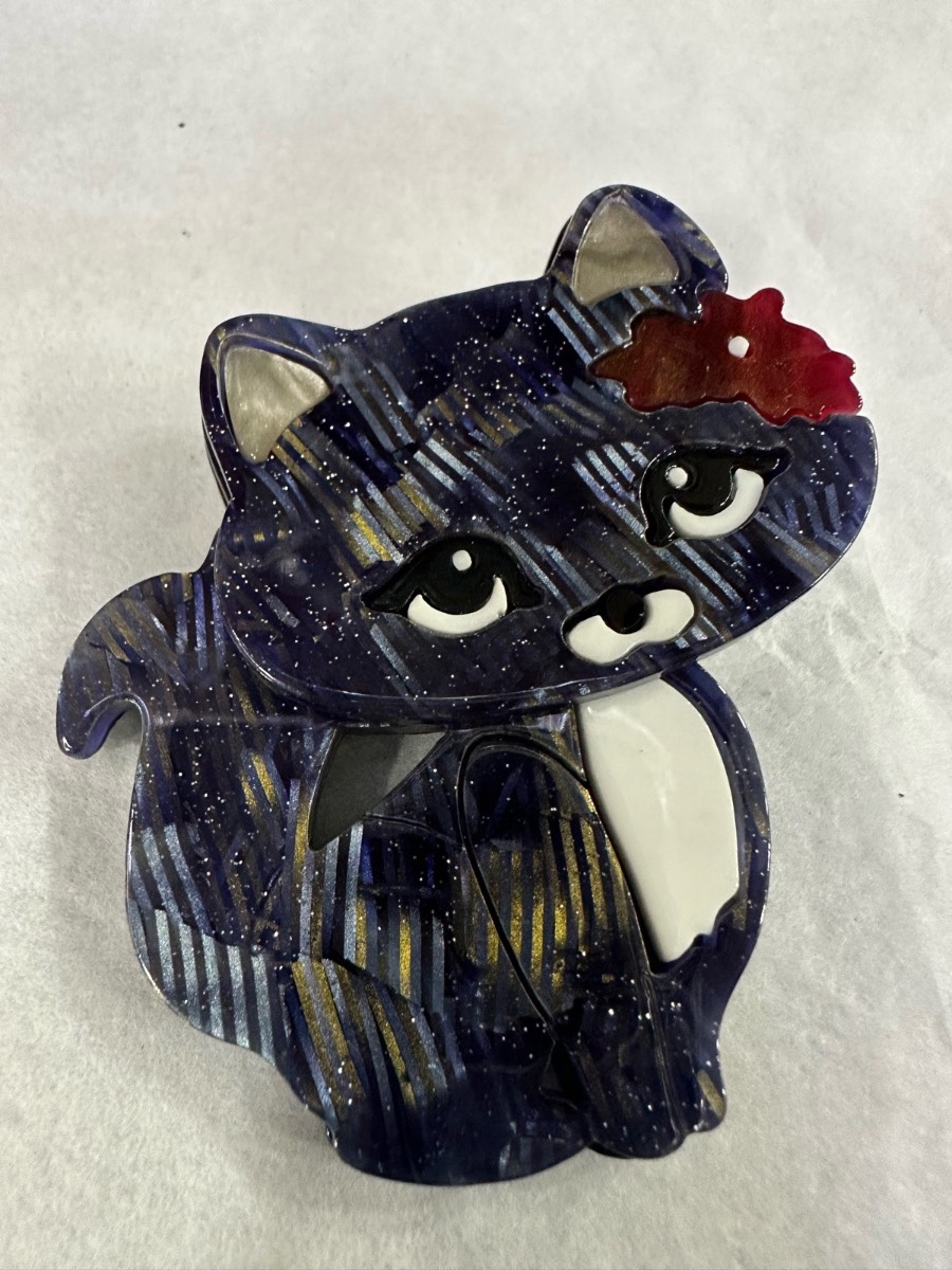 Floral blue acrylic cat brooch