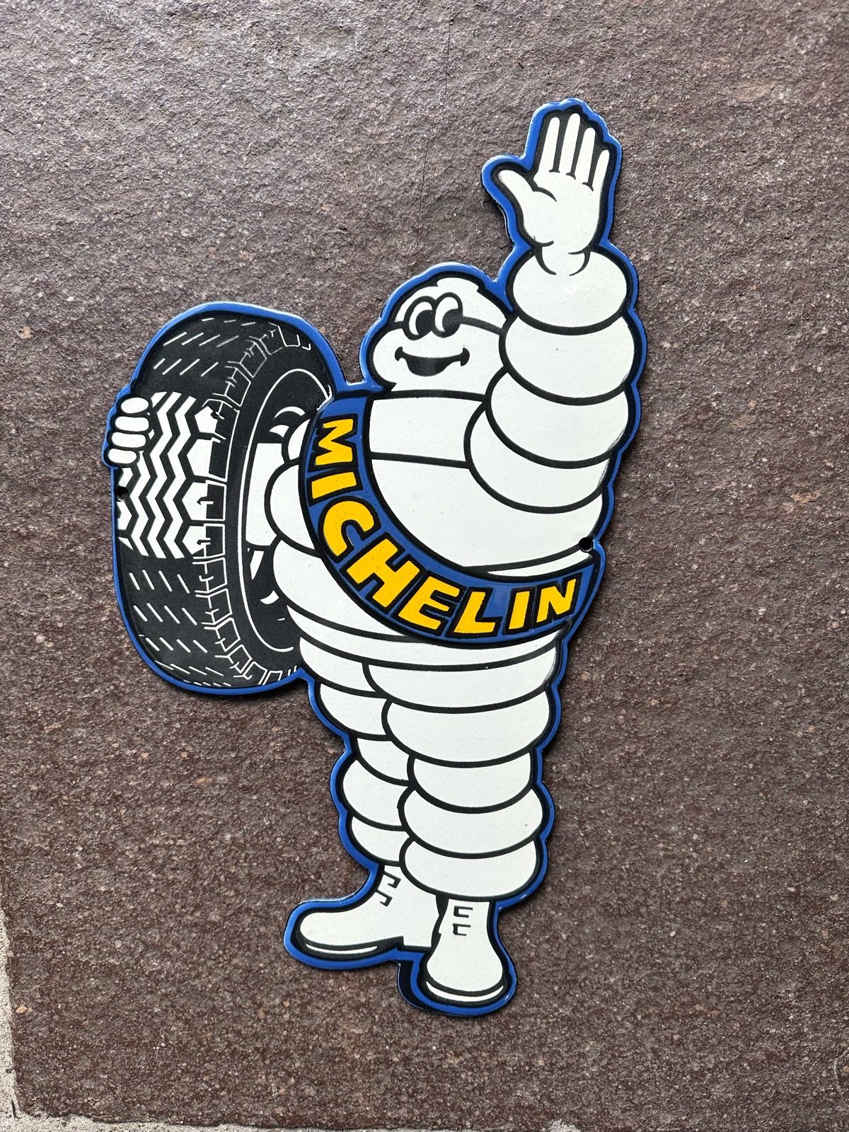 Michelin man due cut enamel sign