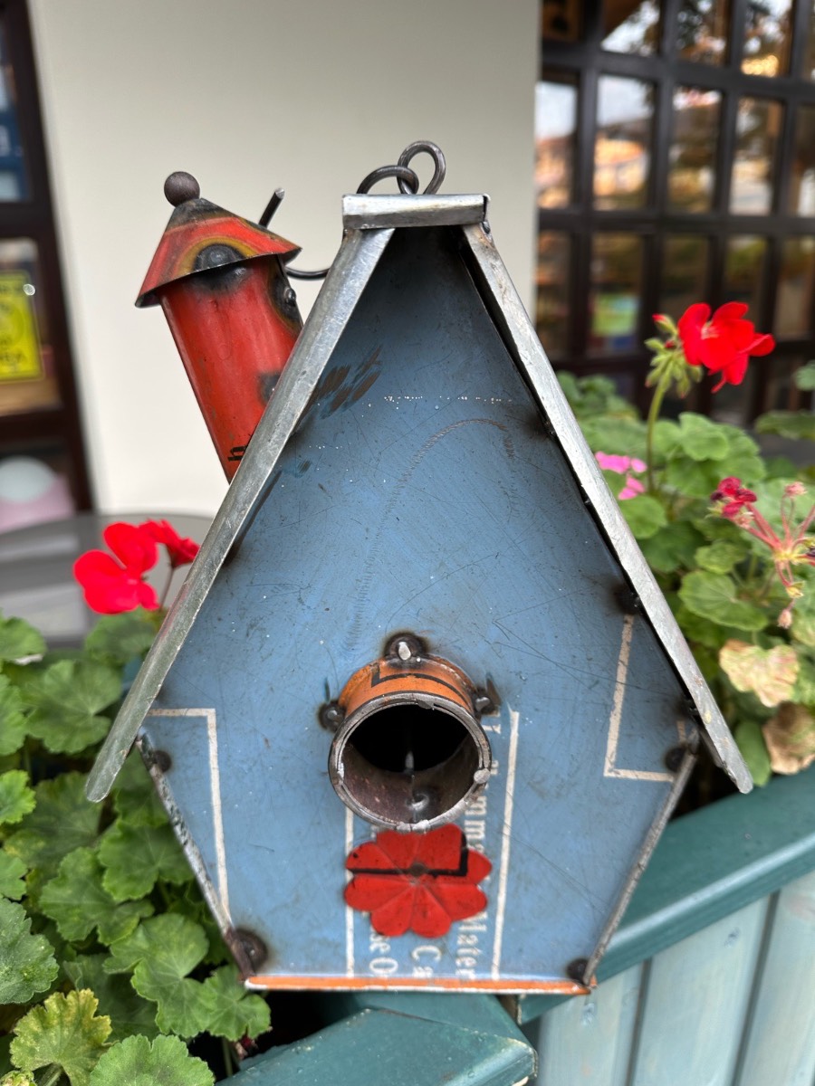 Handmade metal art groovy hanging bird house