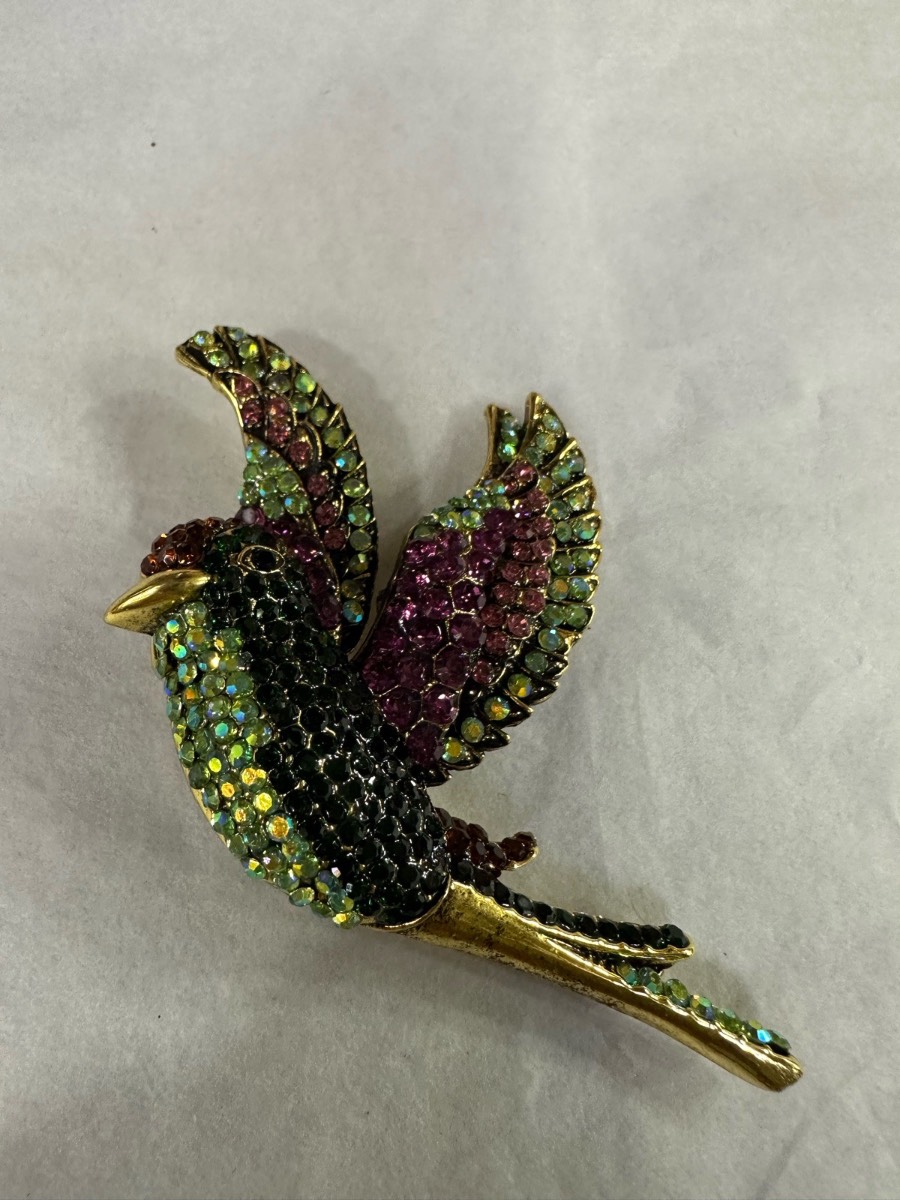 Bird diamanté green and pink brooch