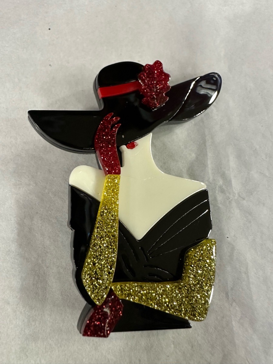 Lady with gold glitter gloves acrylic brooch