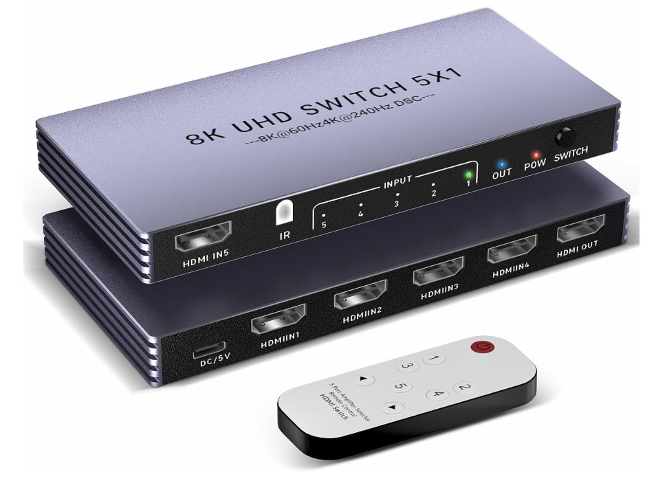 8K HDMI Splitter 4K 240Hz HDMI Switch 5 in 1 Out 5 Port Switcher with Remote