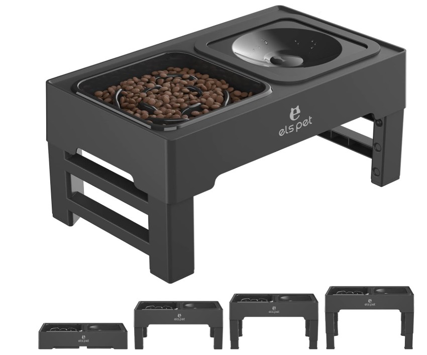 ELS PET 2‑in‑1 Raised Dog Bowl Slow Feeder Adjustable Height,No‑Spill Water Tray