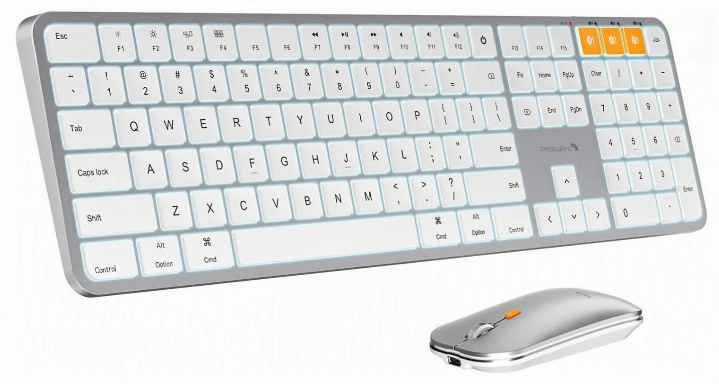ProtoArc Backlit Bluetooth Keyboard and Mouse for Mac, KM100-A Full Size Wireles
