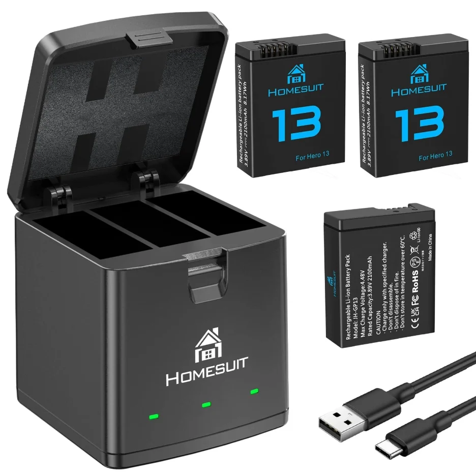 2100mAh Battery for Hero 13 , 3 Rechargeable Batteries and 3-Channel Charger Ac