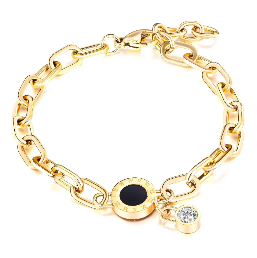 Gold Plated Roman Charm Bracelet – Onyx & Crystal Accent Design