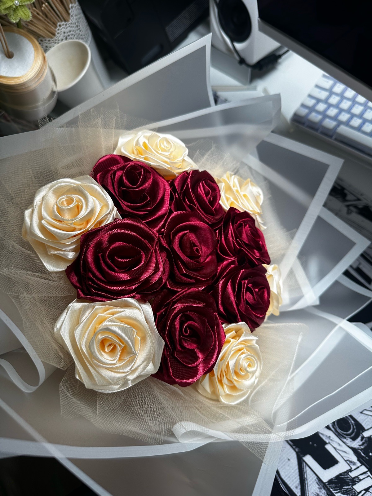 Handmade Burgundy & Cream Satin Rose Bouquet – 13 Pieces 🌹