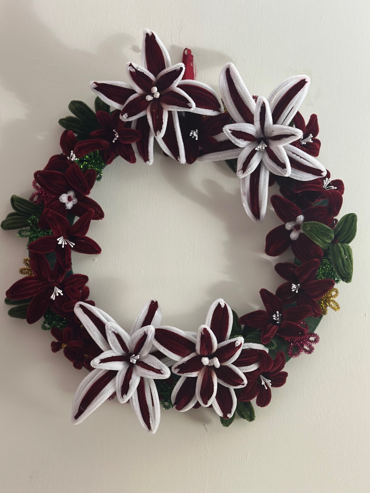 Handmade Velvet Burgundy White Flower Wreath