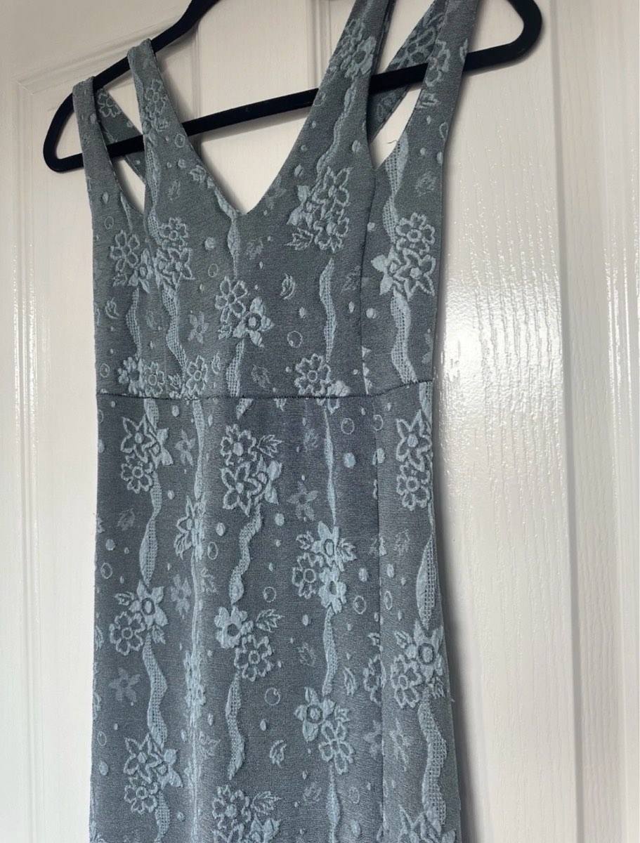 Yve London Vintage Blue Floral Long Leg Slit Dress