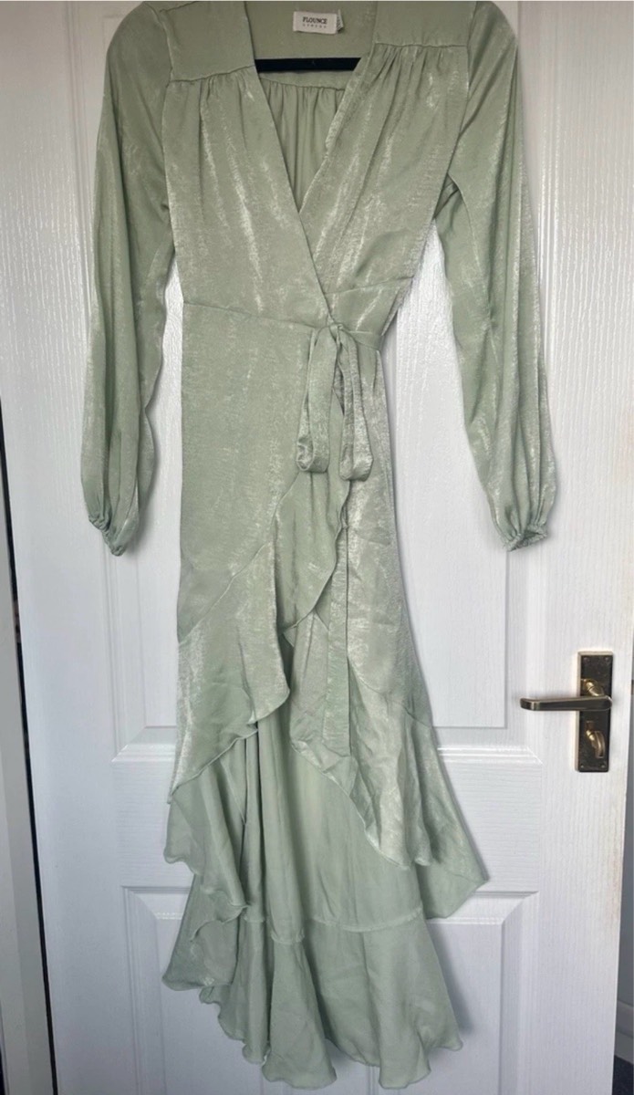 Flounce London Green Sage Satin Wrap Midi Ballon Sleeve Dress