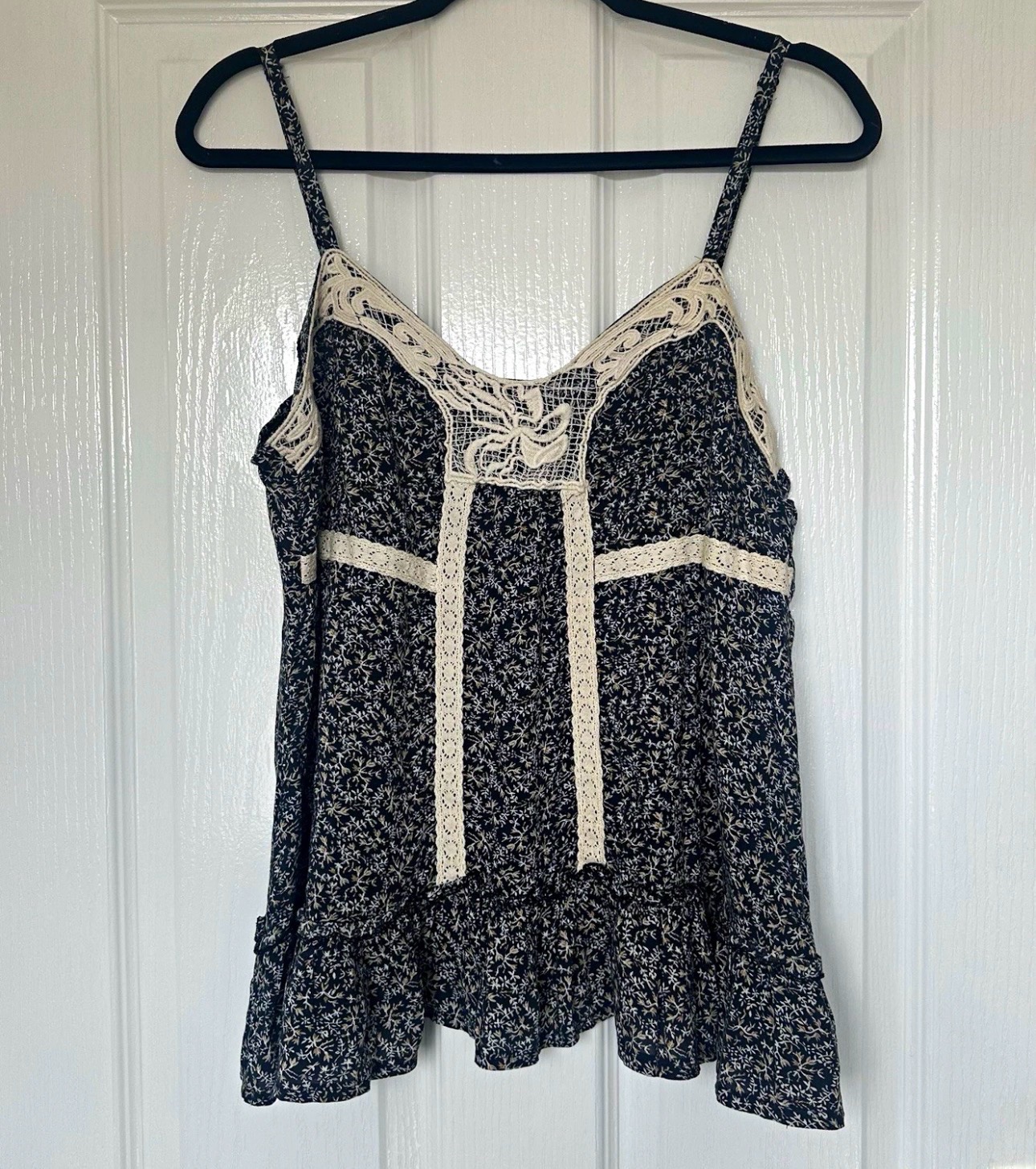 Valleygirl Navy Floral Lace Trim Ruffle Hem Cami Top