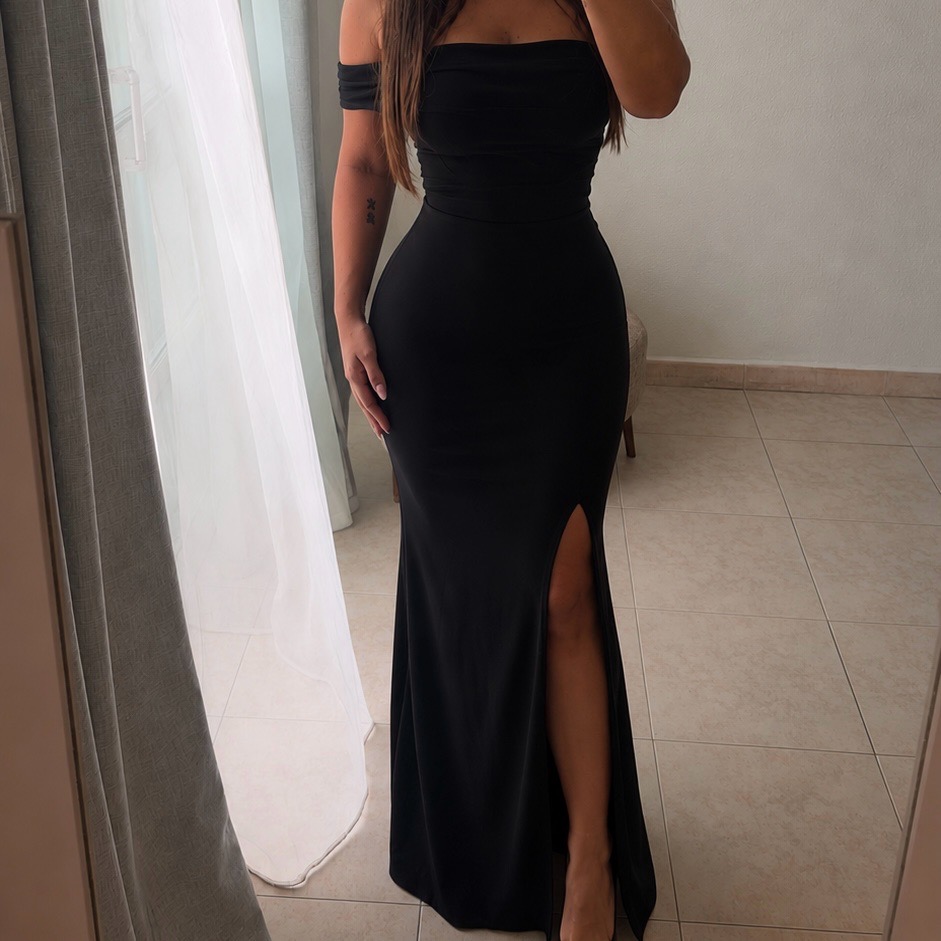 Law Of Attraction - Black Bardot Draped Split Maxi Dress