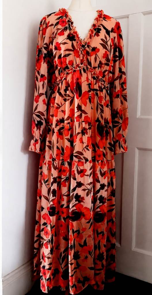sz 16 /18 peach coral floral floaty maxi simmer occassion chiffon dress