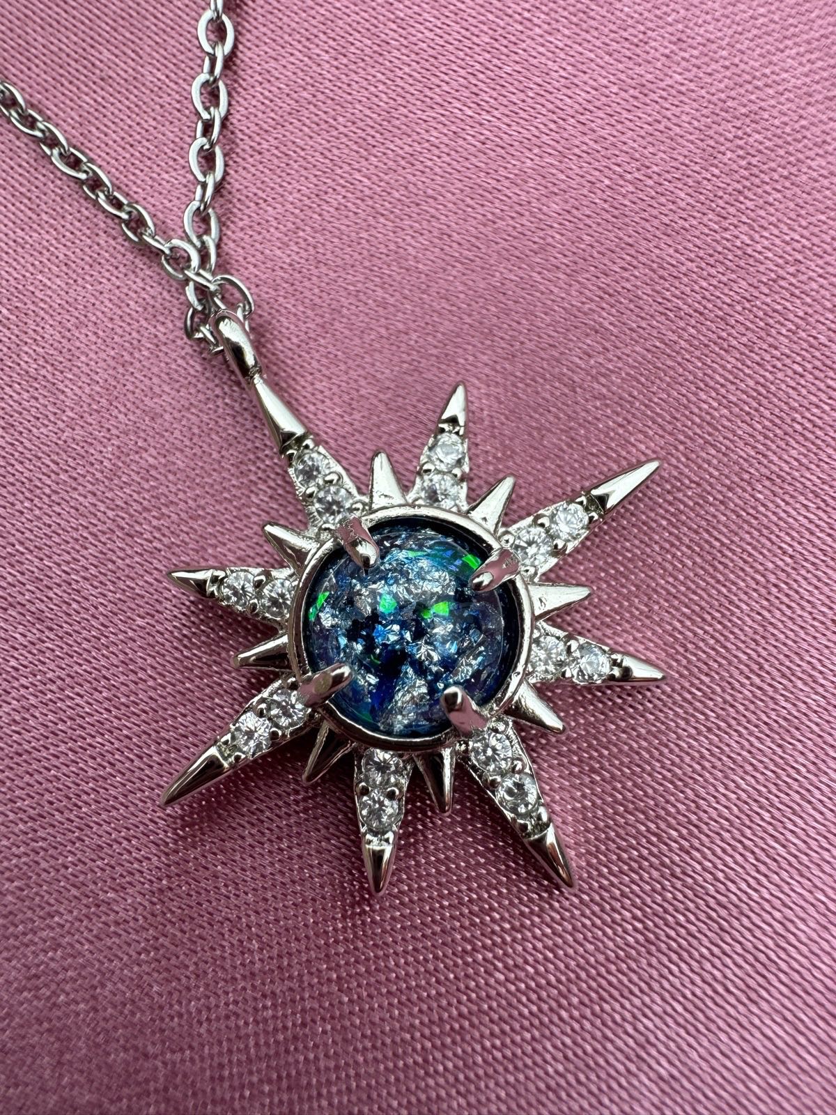 Silver necklace with star pendant with faux Opal stone