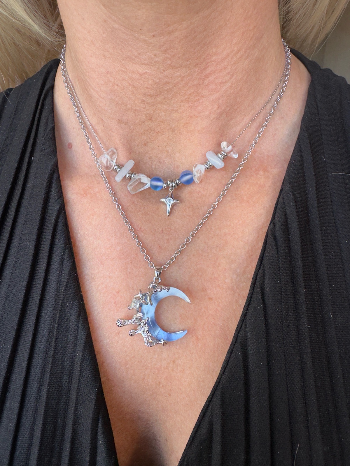 Stunning double layered necklace with titanium blue moon details