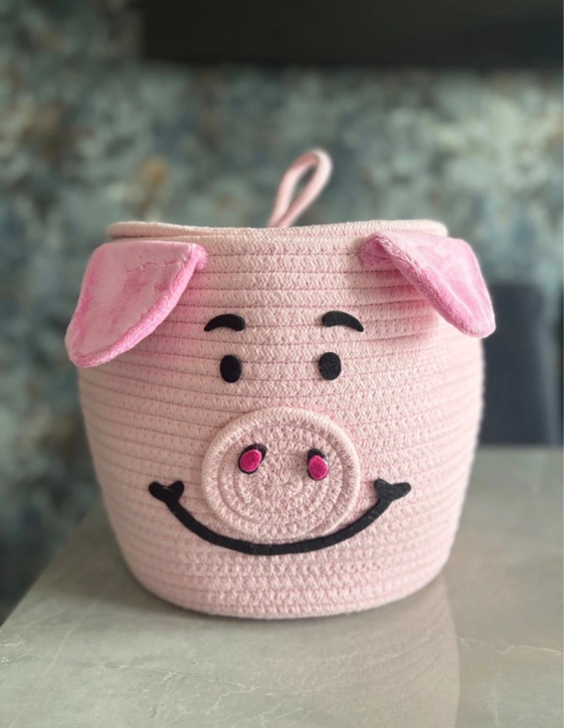 M&S Percy Pig Woven Rope Storage Basket with Lid Hamper Discontinued Pink Nursery Bin