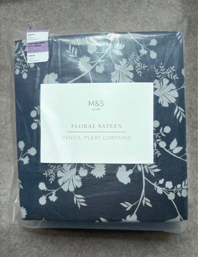 M&S floral sateen pencil I pleat curtains extra wide width 218x229cm 86x90 inch