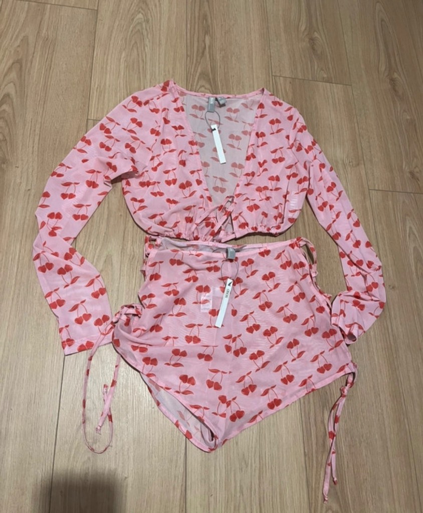 ASOS women’s size 12 bikini cover up co ord set pink cherry design