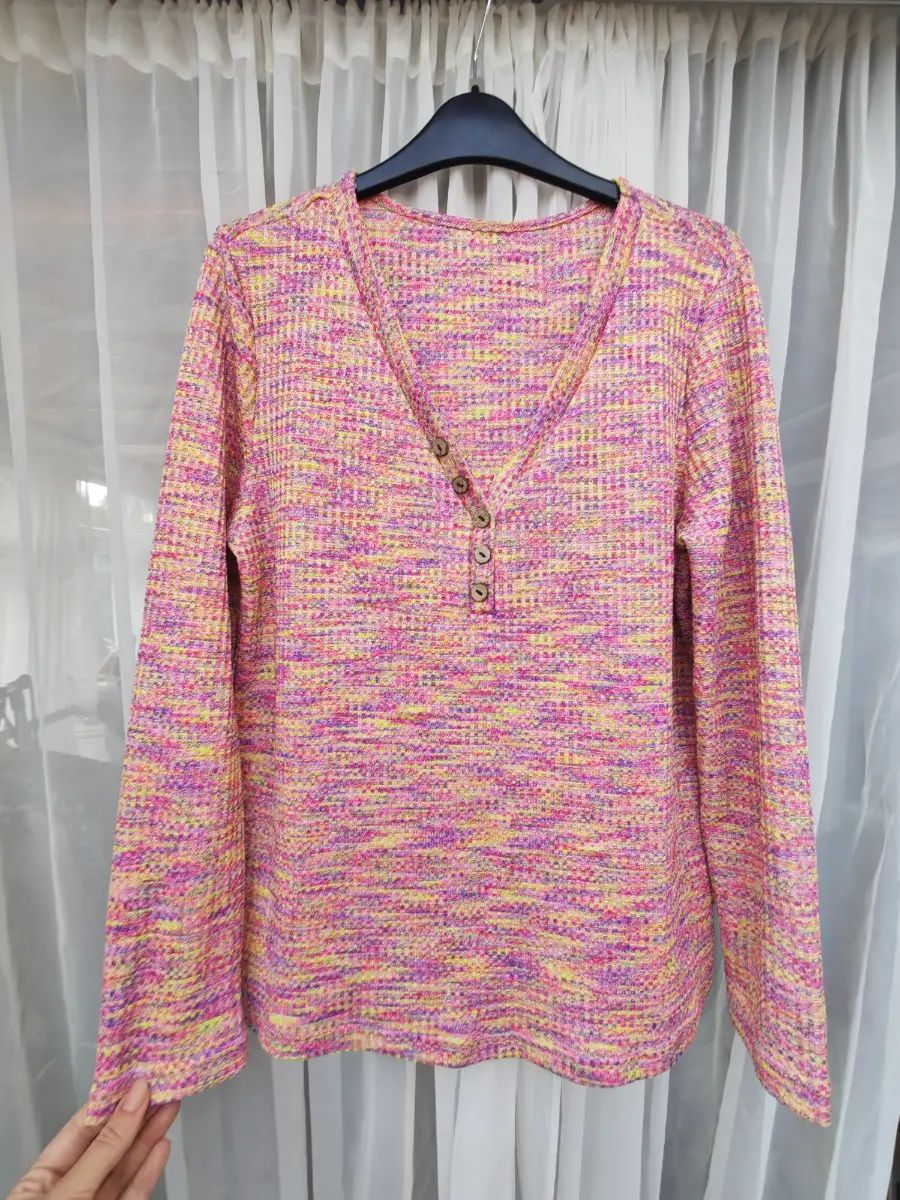 Pink Multicolour Waffle Knit Henley Long Sleeve Top