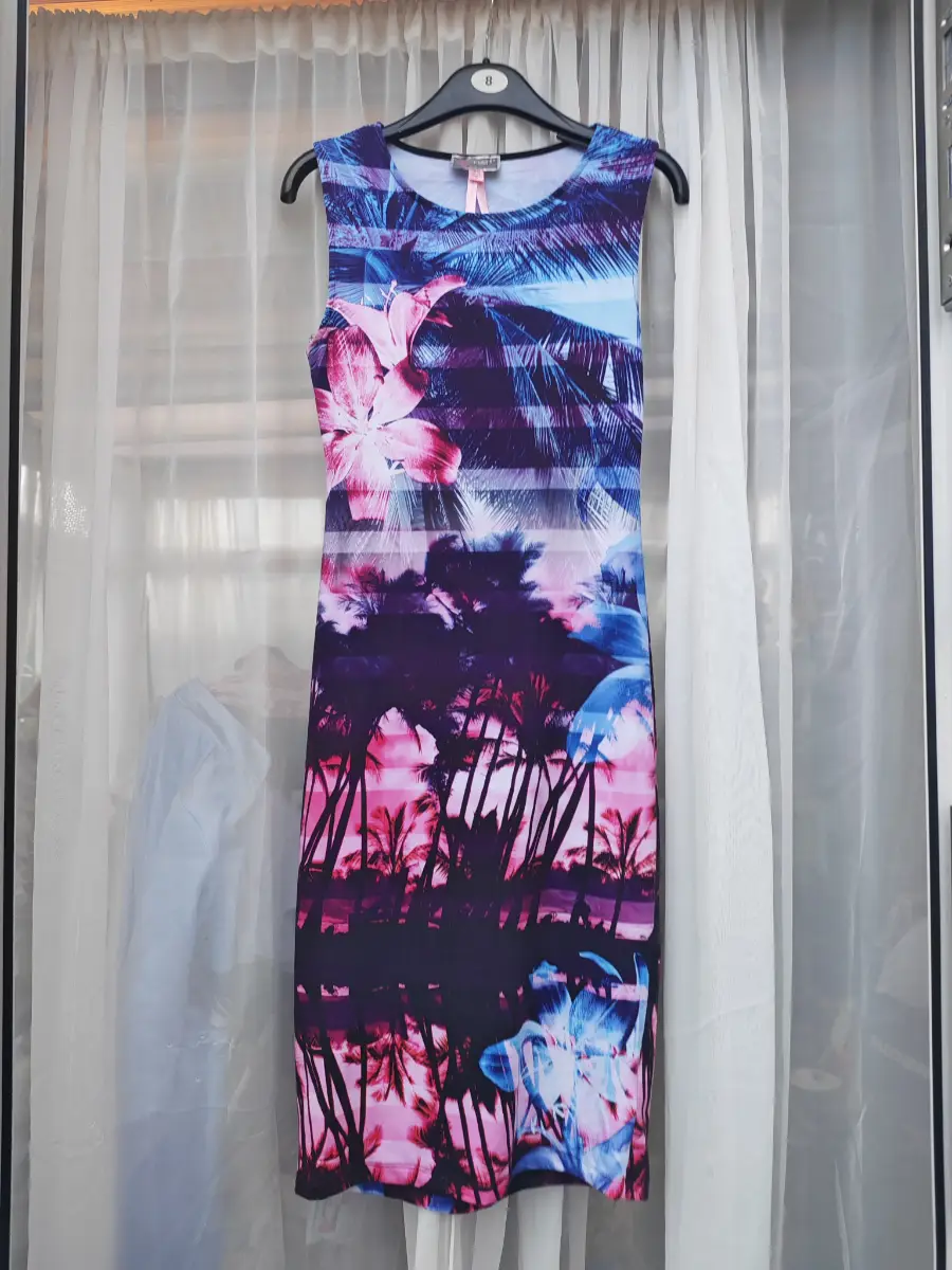 Lipsy London Tropical Palm Floral Bodycon Midi Dress UK 12 Holiday Stretch