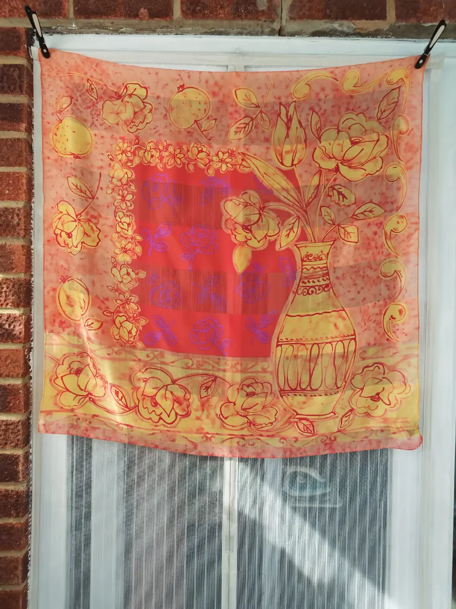 Art Of The Scarf By Tie Rack Floral Vase Sheer Square Scarf Peach Orange 34"