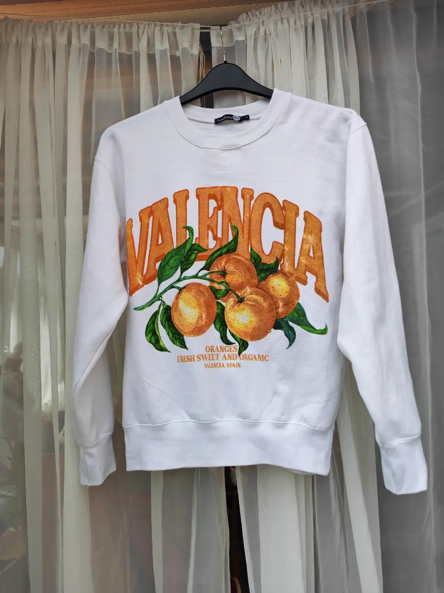 Boohoo Tall Valencia Orange Graphic Sweatshirt White Fleece Lined Size S