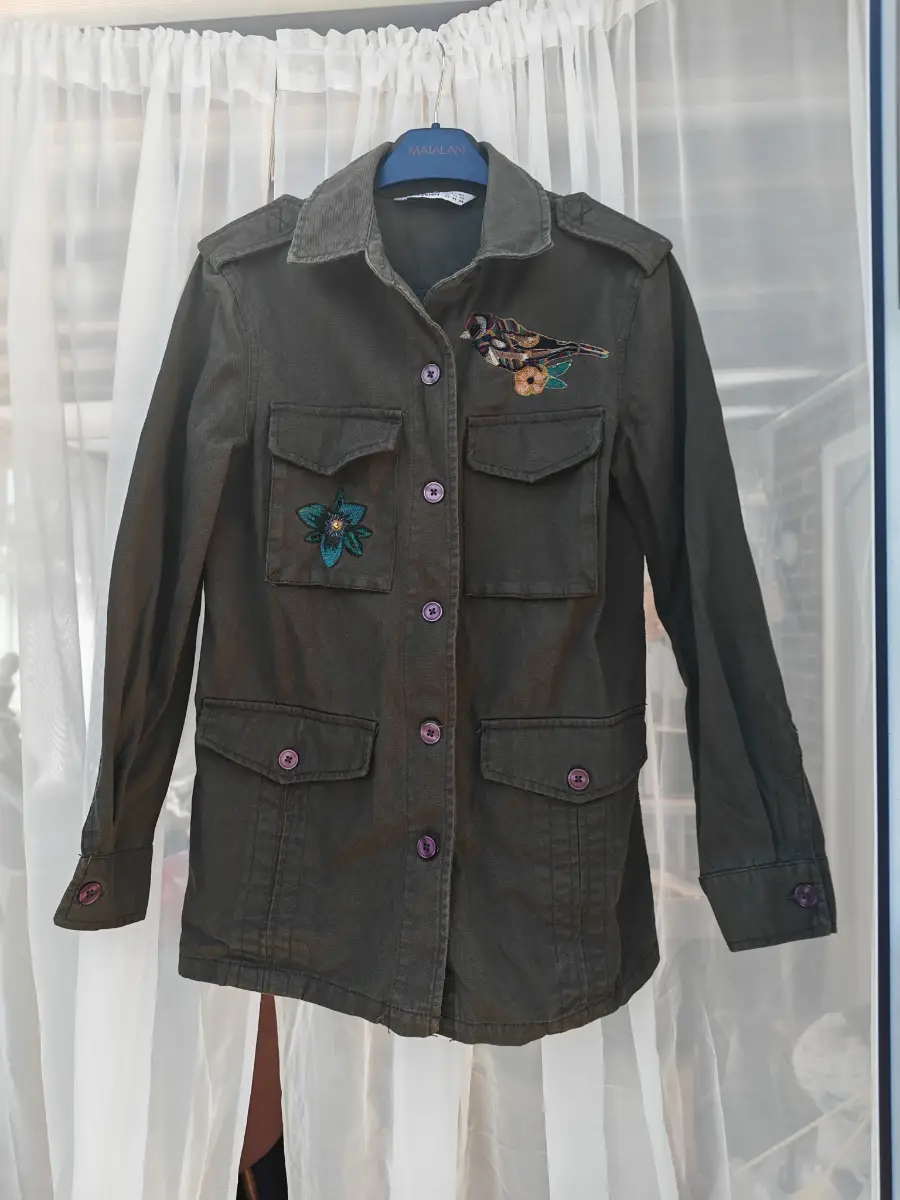 Zara Embroidered Utility Jacket XS Khaki Bird Floral Military