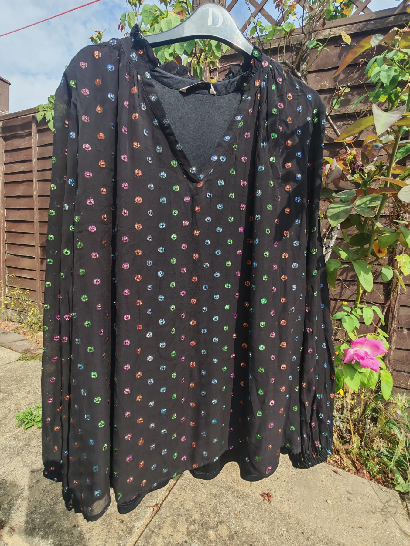 Tu Woman Black Sheer Sleeve Top Multicoloured Metallic Spots