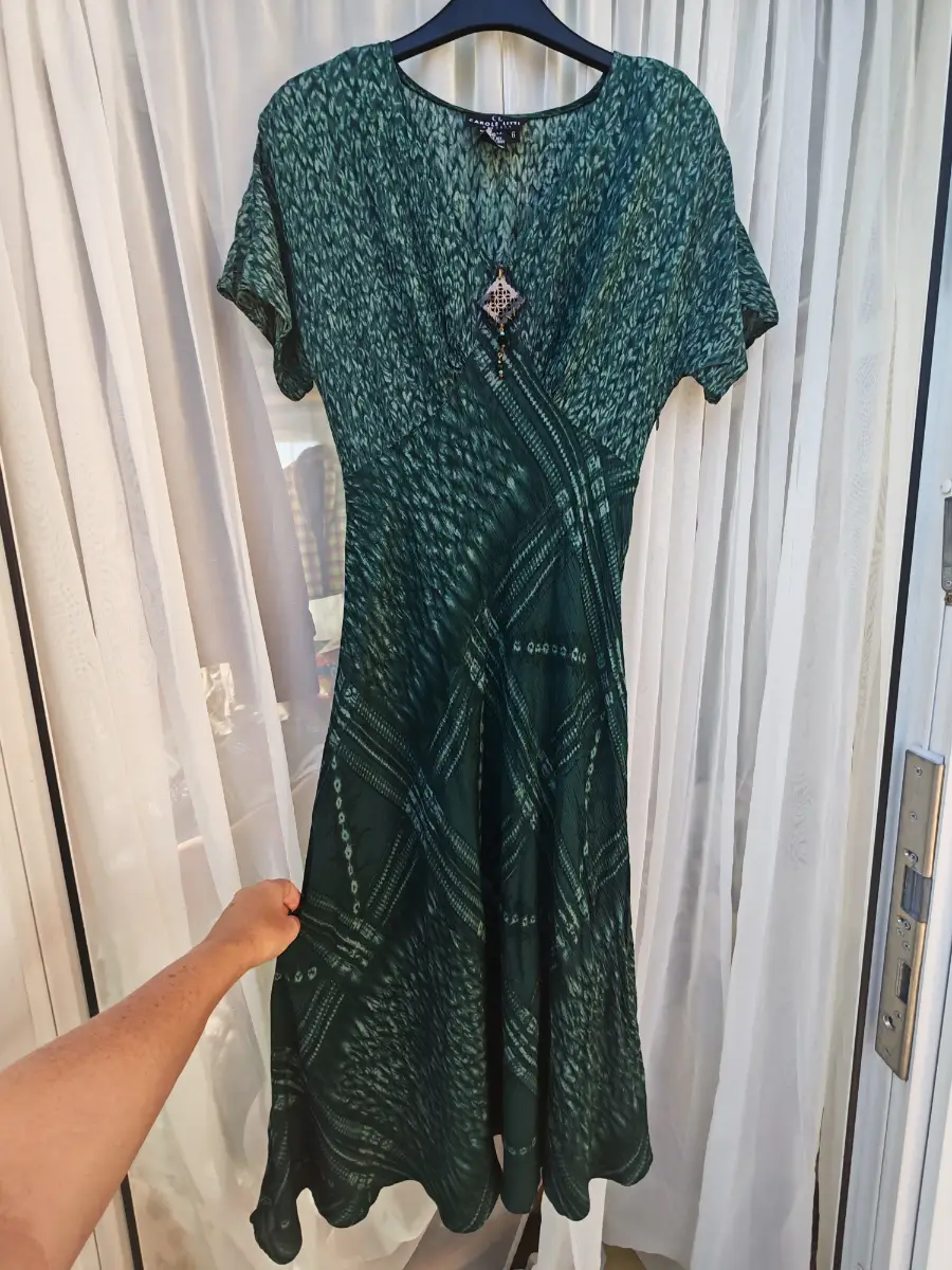 Vintage Carole Little Green Rayon Boho Midi Maxi Dress Made in USA