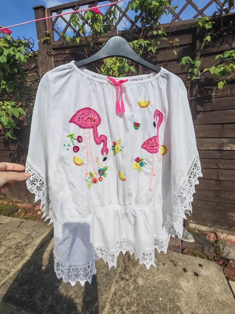 Next Girls White Flamingo Embroidered Cotton Tunic Top Lace Trim