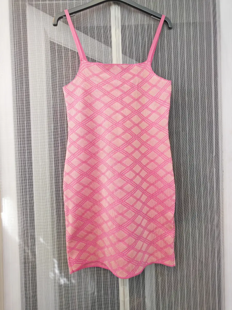 Zara Pink Diamond Pattern Knit Mini Dress Strappy Bodycon Stretch Size M