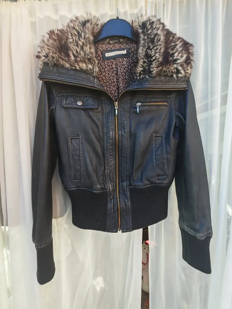 Vintage Y2K Kookai 100% Leather Bomber Jacket Faux Fur Collar UK 10 EU 38