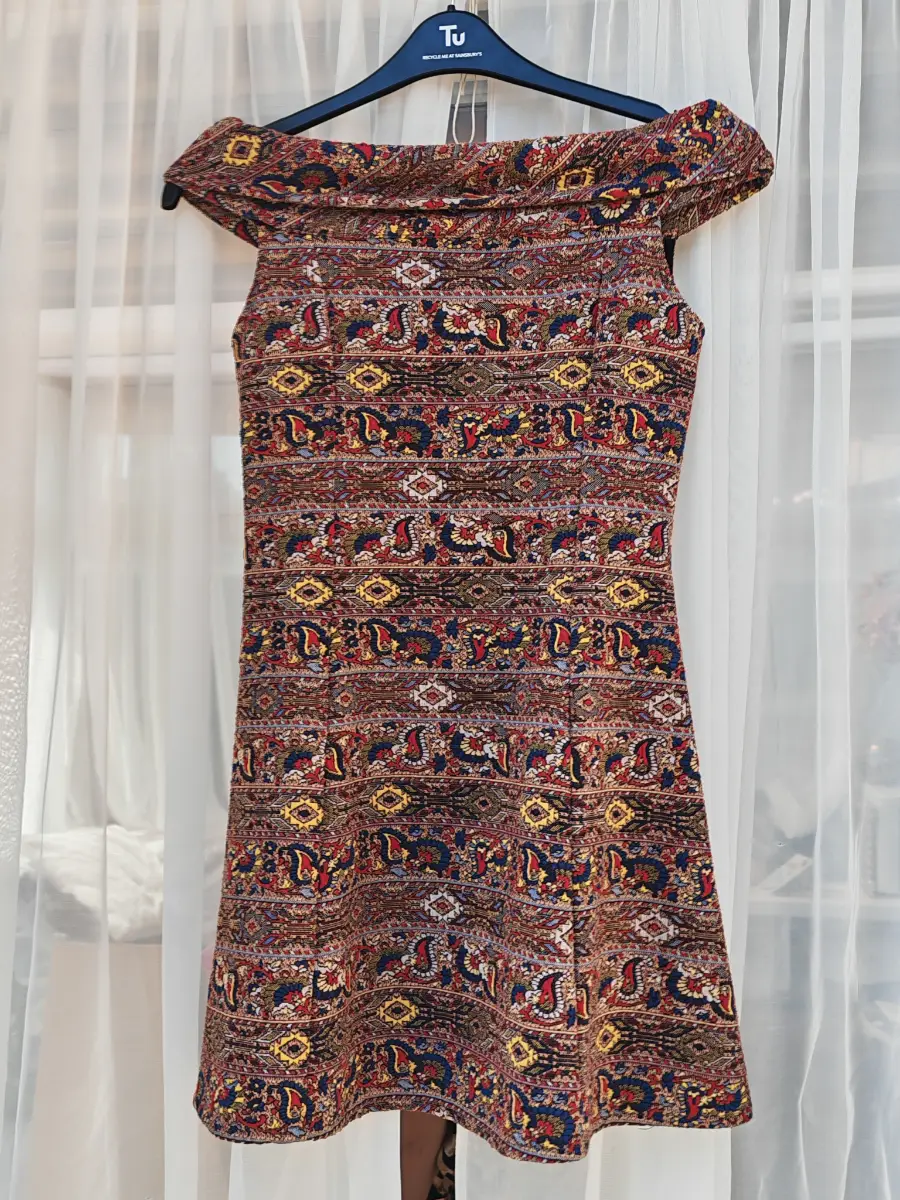 Zara Trafaluc Bardot Dress Medium Paisley Tapestry Print Off Shoulder Boho