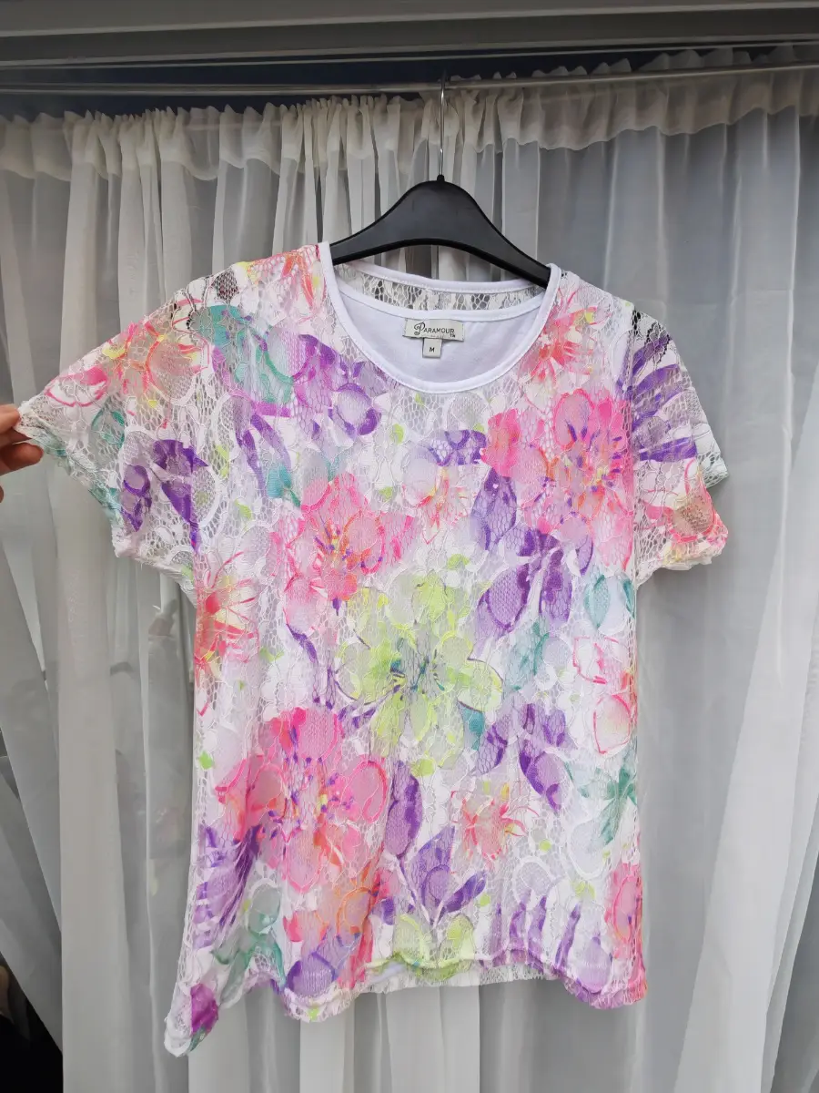 Paramour Floral Lace Overlay Top White Lined Short Sleeve