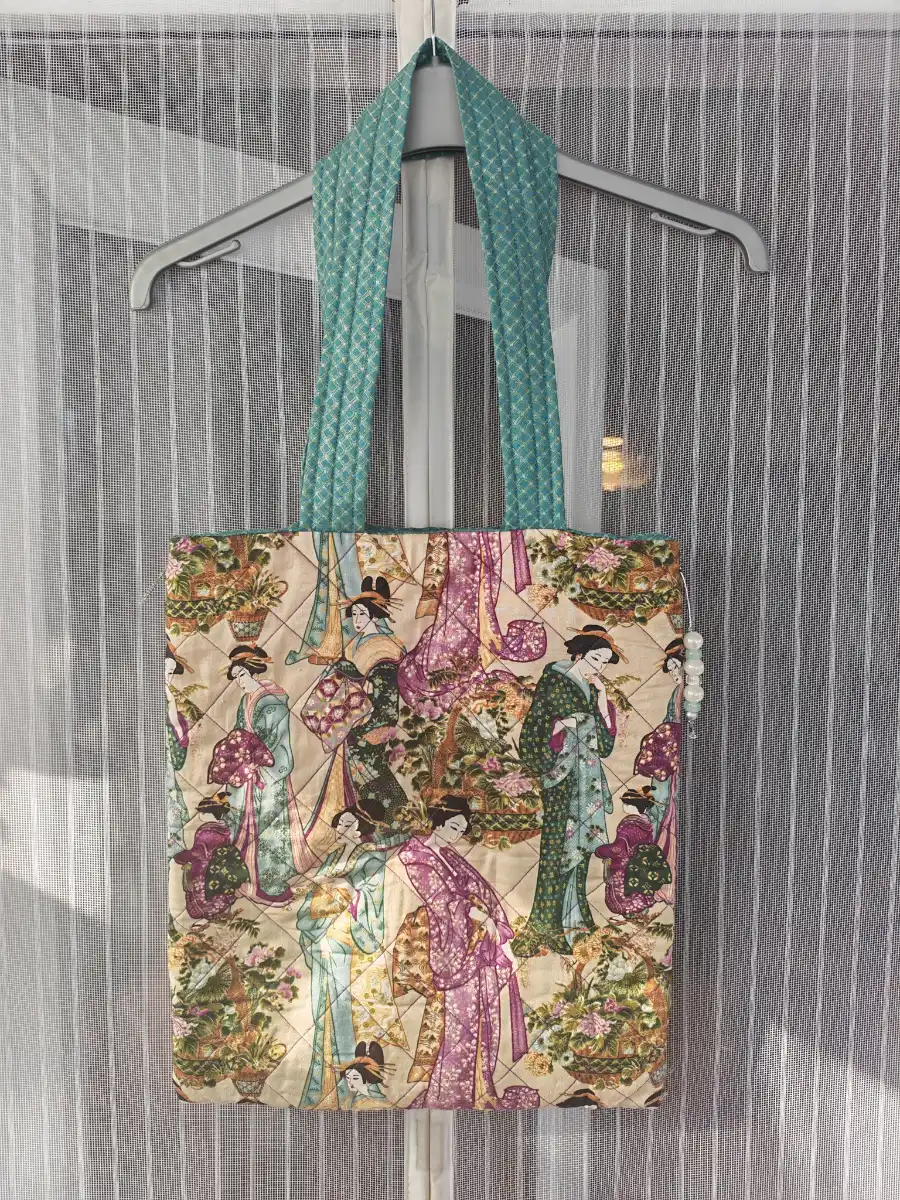 Handmade Quilted Japanese Geisha Tote Bag Shoulder Metallic Gold Turquoise