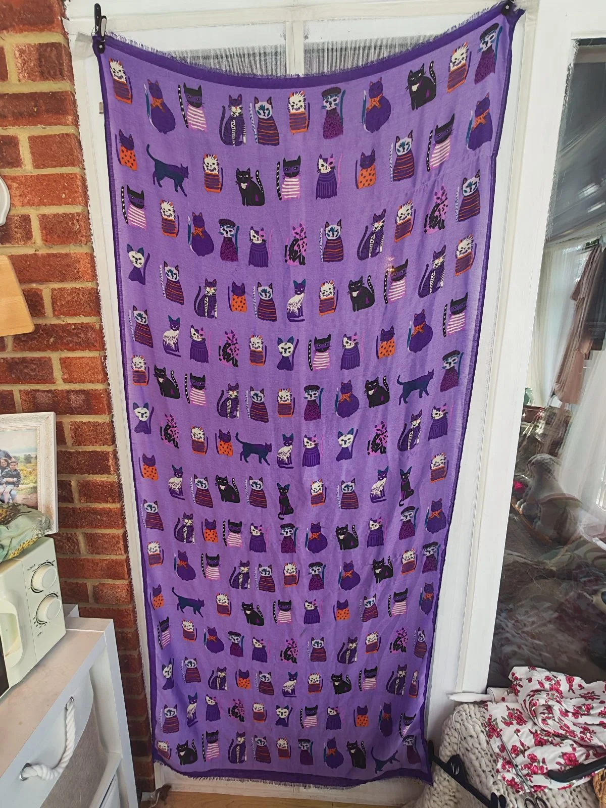 Purple Cat Print Scarf Large 85 x 180cm Viscose Cotton Wrap