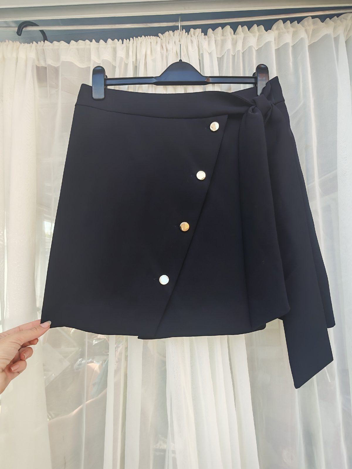 Ted Baker FLORDA Black Wrap Mini Skirt Asymmetric Gold Buttons Tie Waist