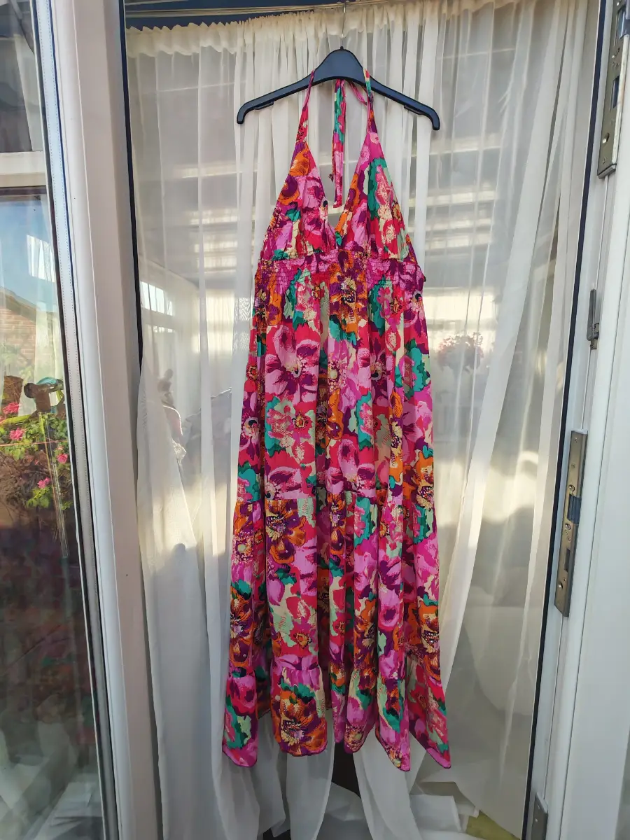 E-vie Pink Floral Halterneck Maxi Dress Sequin Glitter 100% Cotton UK 16
