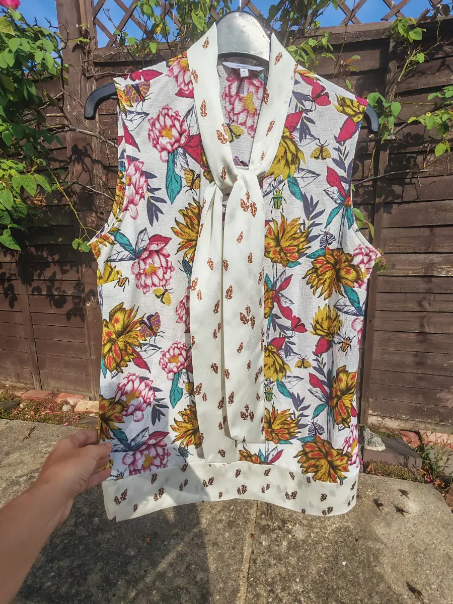 Next Floral Sleeveless Pussy Bow Blouse UK 14 Cream Botanical