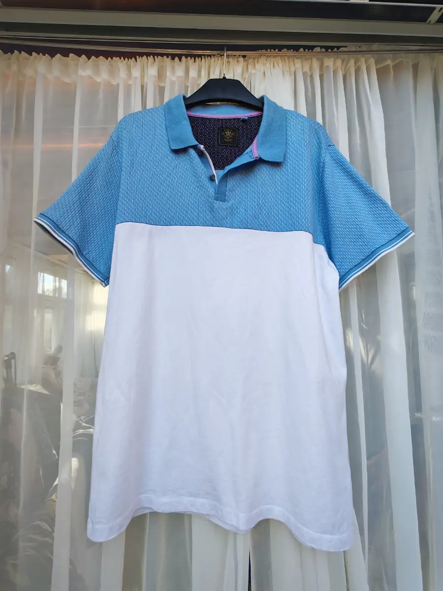 Next Blue White Colour Block Textured Cotton Polo Shirt Short Sleeve Casual