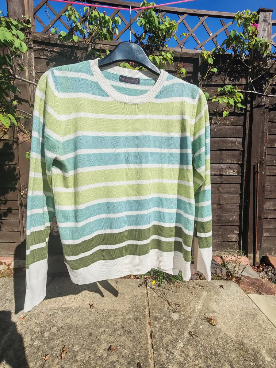 M&S Collection Green Blue White Striped Lightweight Jumper UK 14 Crew Neck