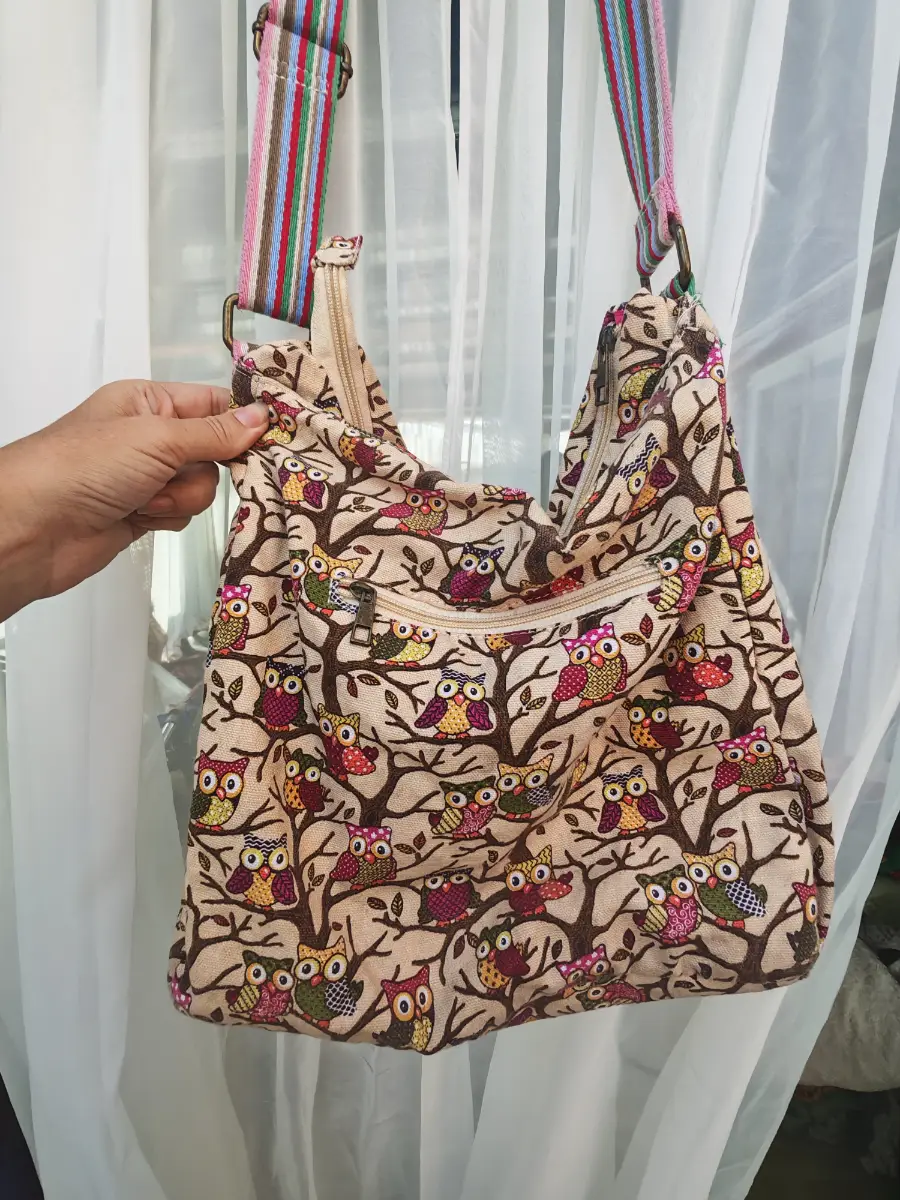 Miss Lulu Owl Print Canvas Crossbody Shoulder Bag Adjustable Strap Multi Pocket