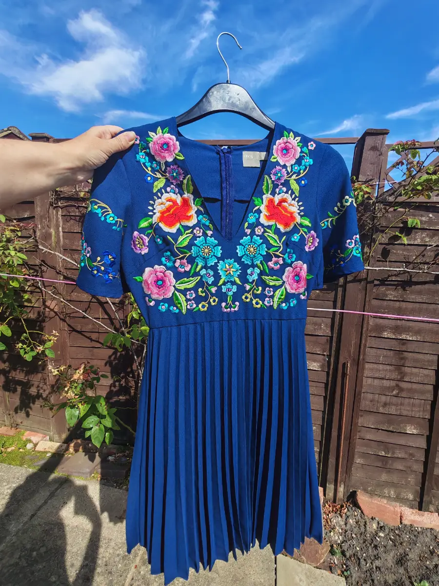 ASOS Navy Floral Embroidered Pleated Mini Dress V Neck Short Sleeve