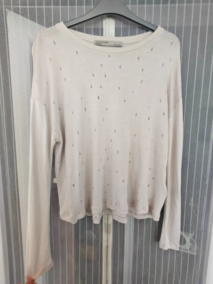 AllSaints Women's XS Stone Cream Distressed Long Sleeve Stretch Viscose Top