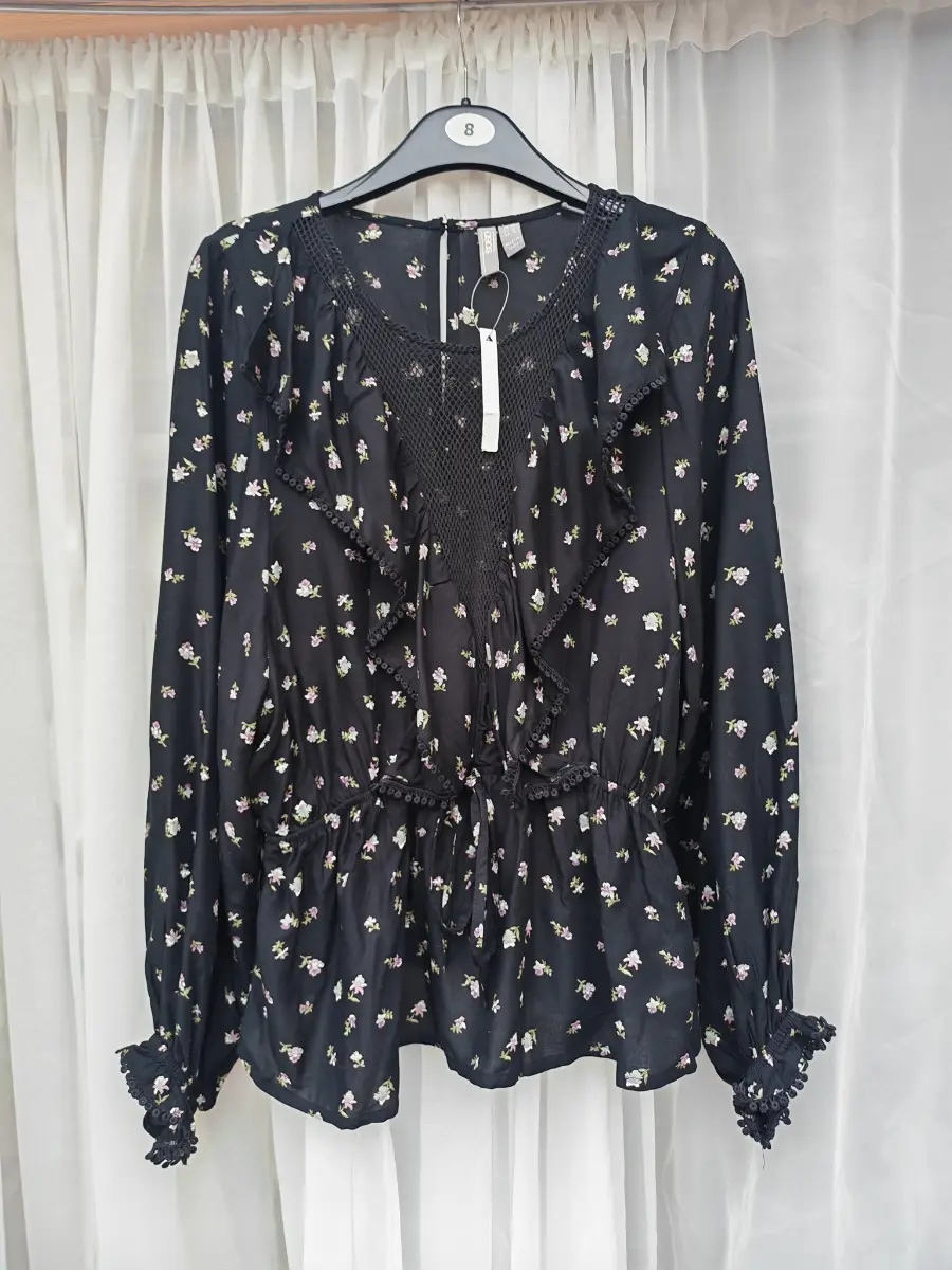 ASOS Black Ditsy Floral Boho Blouse UK 10 BNWT Mesh Detail Long Sleeve Top