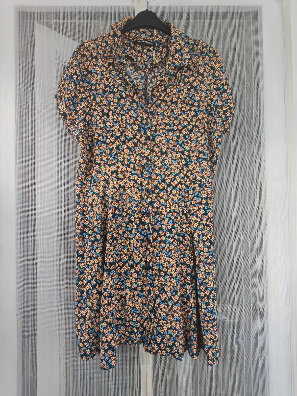 Calvin Klein Jeans Floral Print Shirt Dress Navy Blue XL Floral Viscose