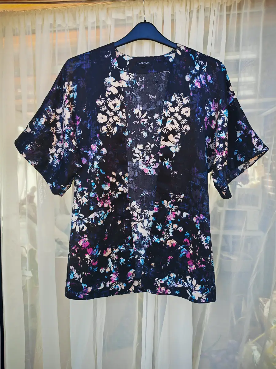 Warehouse Floral Kimono Cover Up Navy Blue Open Front Boho Top Size S