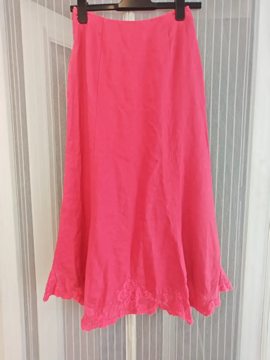 Laura Ashley Pink Linen Lace Hem Midi Skirt UK 8 Lined Cottagecore Vintage